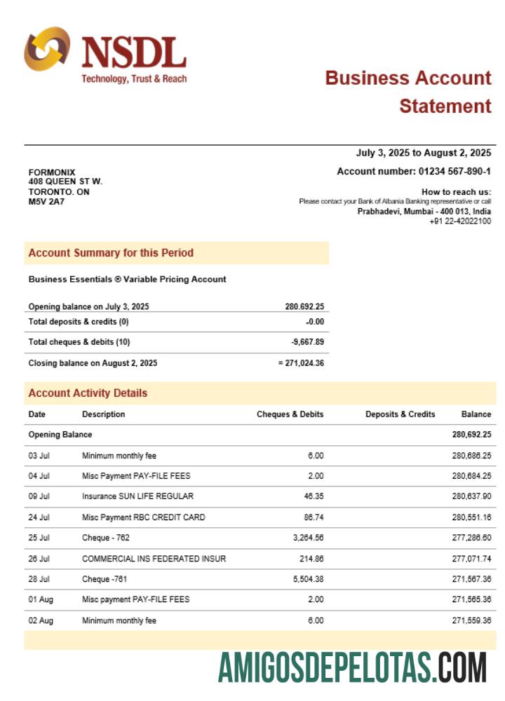 Modelo de extrato de conta firme NSDL em formato Word e PDF